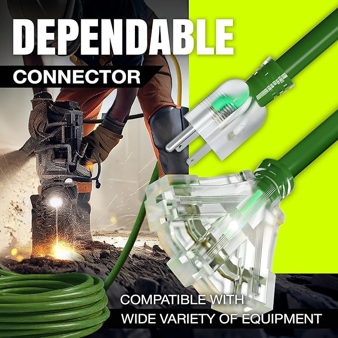 100ft Outdoor/Indoor Extension Cord 3-Outlet 12/3 Gauge Extra Heavy Duty ETL Listed, 3 Prong SJTW, Waterproof, Flexible Cold-Resistant Long Power Cord,15A 125V 1875W, Green by LifeSupplyUSA