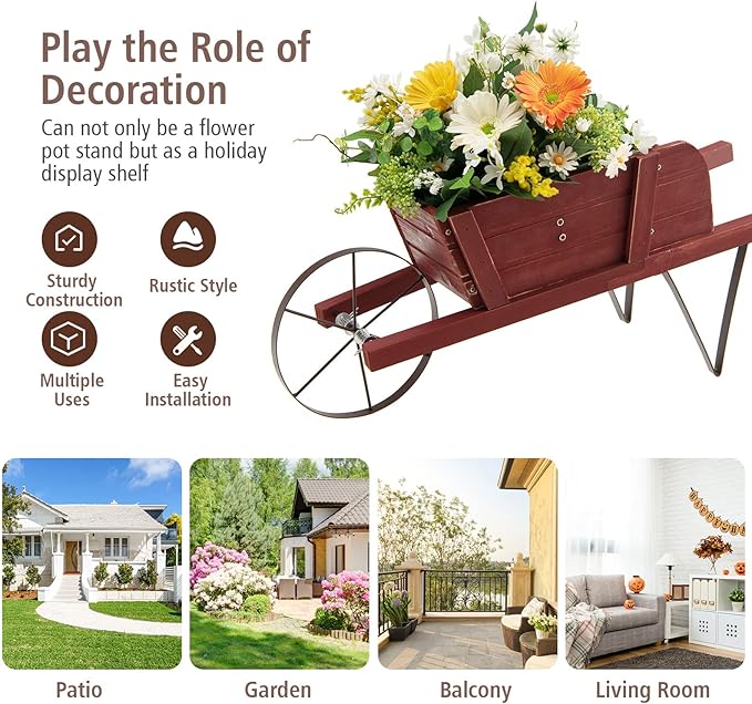 Wooden Wagon Planter, Flower Cart Display Stand w/Metal Wheels & Removable Magnetic Decoration, Wagon Decorative Garden Planter for Plants & Seasonal Displays, Pine Wood (Red)