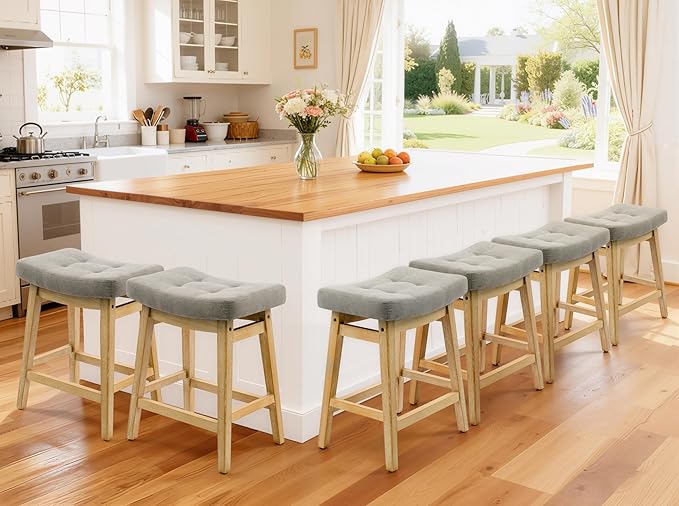 Counter Height Bar Stools Set of 6 for Kitchen Counter Farmhouse Modern Barstools with Upholstered Fabric Backless Seat and Solid Wood Legs 24 inch Bar Chairs, Grey + Wood Color