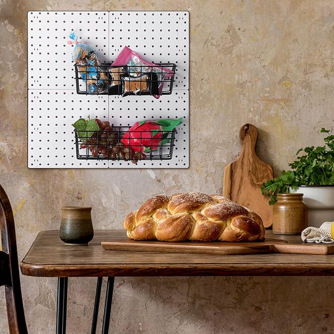 Sieral 4 Pcs Large Pegboard Baskets Set 12 x 6.5 x 4 Inch Black Metal Wire Baskets Peg Board Organizer Accessories Wall Mount Pegboard Bins Workbench Garage Storage Versatile Wall Organizer Attachment