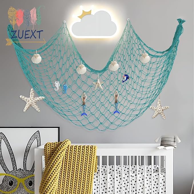 ZUEXT Aqua Decorative Fishing Net 80x40 Inch, Large Picture Fish Net, Wall Photo Hanging Fishnet for Nautical Mermaid Pirate Ocean Themed Hawaii Beach Under the Sea Party Decorations