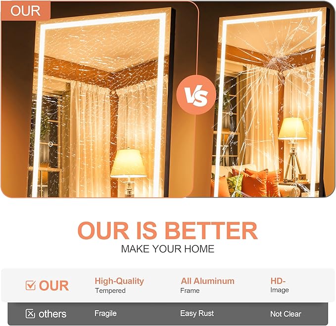 Full Length Mirror with Lights, 83" x 36" Large LED Lighted Floor Standing Body Mirror, Dimmable & 3 Color Lighting for Bedroom, Cloakroom, Dressing Room, Tempered Glass, Square Black