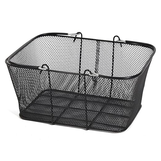 SSWBasics Black Metal Shopping Baskets With Stand and Sign - Set of 12 - Basket Dimension 17"W x 12"D x 7"H - Perfect for Retail, Thrift, Grocery, and Convenience Stores