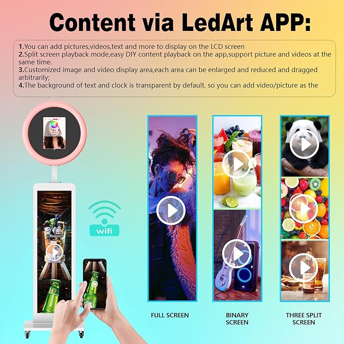 HARZHI 38'' LCD Screen Portable Photo Booth Compatible with Any Ipad, 1080P Intelligent Split Screen Ipad Photo Booth LCD for Wedding Party Software APP Control LCD Ring Light, Flight Case White