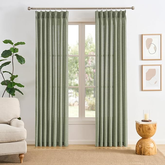 RAIN CITY 108 Inch Linen Curtains 2 Panels,Pinch Pleated Back Tab with Hooks for Track System,Loden Cotton Flax Weave Sheer Extra Long Curtain for Living Room Bedroom,9FT 9 Feet,Sage Green