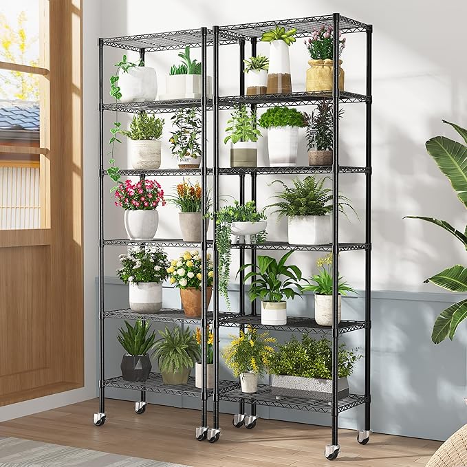 2 PACK 750 lbs Capacity Heavy Duty Garage Wire Rack Shelving, Adjustable 6-Shelf Metal Shelving with Wheels, 14"D x 24"W x 71"H Space-Saving Rolling Storage Shelves for Closet, Kitchen & Garage, Black
