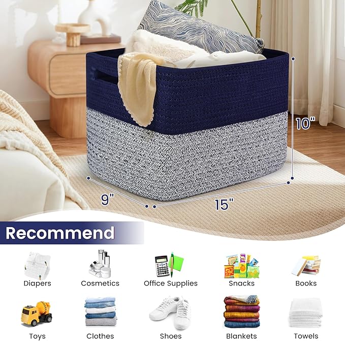 3 Pack Shelf Woven Storage Basket, 15 x 10 x 9” Closet Rope Baskets For Organizing, Square Bins with Handles, Grey+Blue