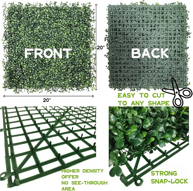 Grass Wall Panels 12Pcs 20"x 20" Artificial Boxwood Hedge Wall Realistic UV-Resistant Easy Install for Indoor Outdoor Privacy Fence & Garden Decor, Party Balcony and Backyard