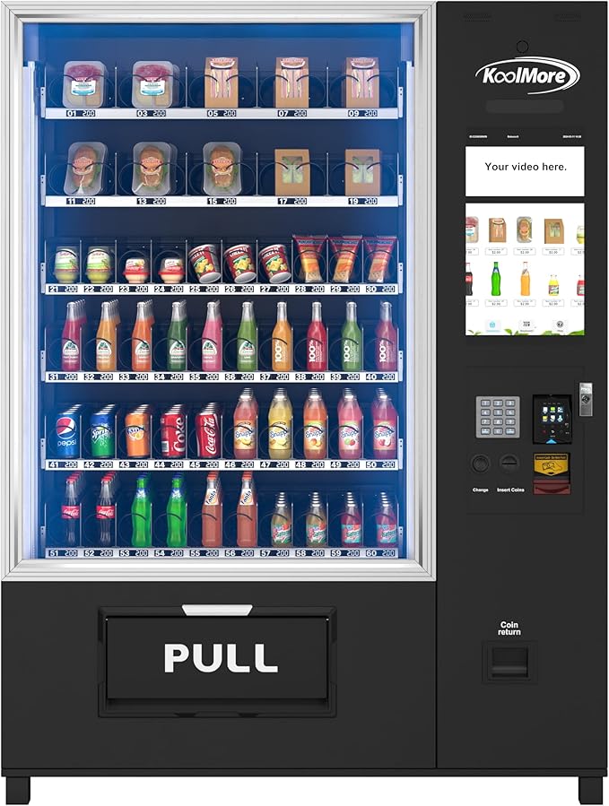 KoolMore Snack Vending Machine with 21.5 in. Touch Display, 66 Slots and Elevator-Lift Dispensing, Refrigerated, Bill Acceptor & Credit Card Reader with Connectivity in Black