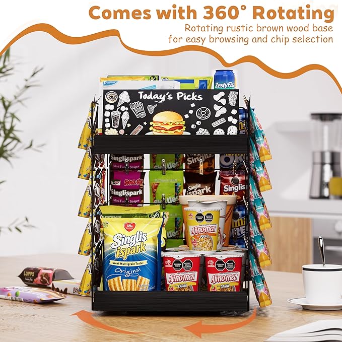 Chip Rack Display Stand, 6 Tiers 50 Clips Snack Organizer, 360° Rotating Wood Base Candy Display Rack, Portable Retail Display Shelf for Countertop, Office, Store, Kitchen, Party