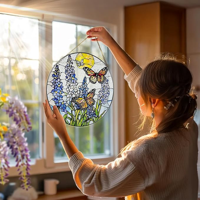 Stained Glass Window Hanging, 8 Inch Lavender & Butterfly Sun Catcher Decor, Stained Glass Ornament, Suncatchers for Windows Hanging, Window Decor, Gifts for Butterfly Lovers, Flower Lovers Gifts