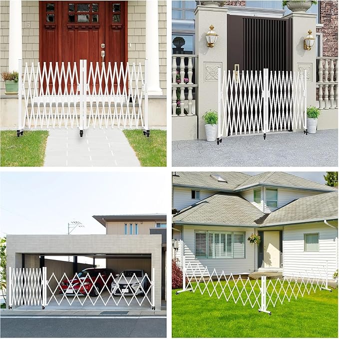 TSAYAWA Retractable Fence Outdoor, 216" Wide Expandable Driveway Gate for Dogs, Aluminum Portable Retractable Barricade for Garage, 18 Feet Expanding Security Gate with Casters, Rotatable, White
