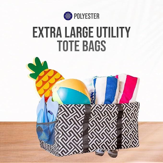 Extra Large Utility Tote Bag - Oversized Collapsible Reusable Wire Frame Rectangular Canvas Basket With Two Exterior Pockets For Beach, Pool, Laundry, Car Trunk, Storage - Geo Navy Blue
