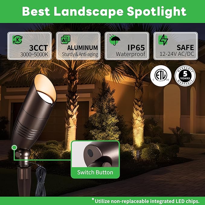 Outdoor Landscape Lighting Kit, with 8 Pack Spotlights and 100W Transformer and 100FT Cable and 30 Wire Connectors, 3CCT Aluminum ORB LED Spotlight for Porch Backyard Fence