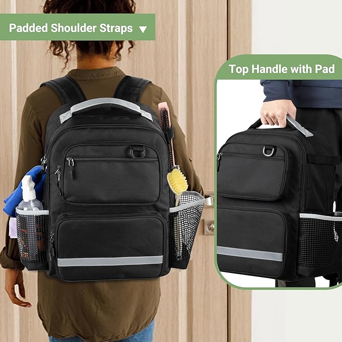 Cleaning Backpack with Bottom Plate & Waterproof Bottom, Large Supplies Bag with Multiple Pockets for Housekeeping Tools, Cleaning Products Caddy Organizer for Home & Car