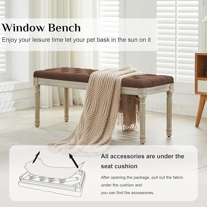 LOULENS 43.9" Linen Fabric End of Bed Bench, Vintage French Upholstered Button Tufted Entry Bench, Window Seat with Carved Wood Legs for Bedroom, Living Room, Entryway, Foyer, Hallway, Brown