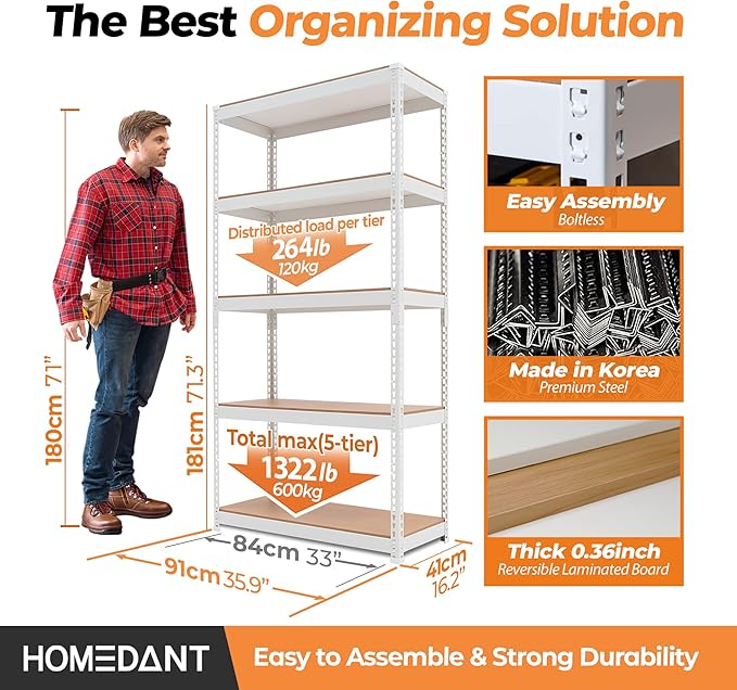 HOMEDANT 5 Tier Storage Shelves Adjustable Laminated Boltless Garage Metal Shelving Unit Heavy Duty Utility Rack Shelf Warehouse Pantry Closet Kitchen (3, (M) 35.9" W, White)