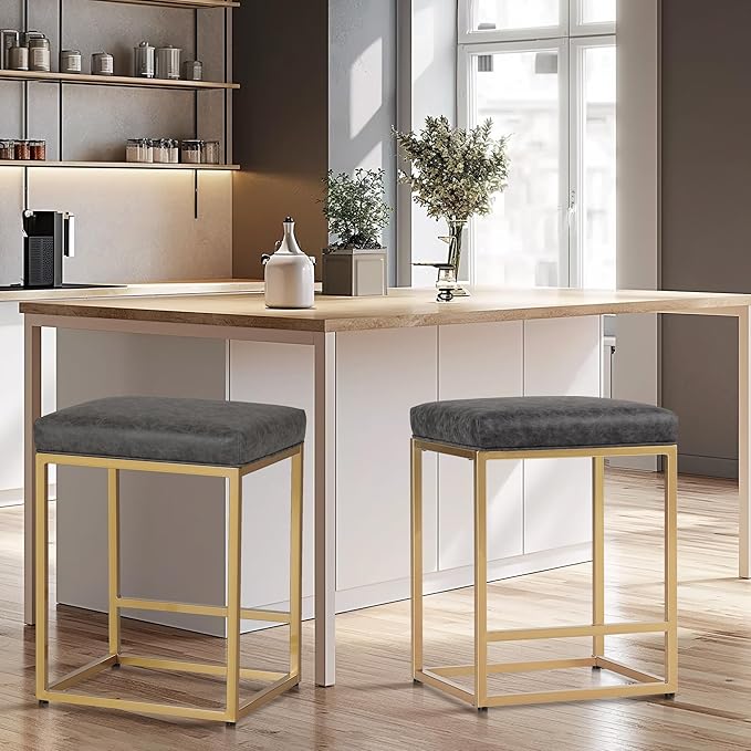 MAISON ARTS 24 Inch Grey+Gold Counter Height Bar Stools Set of 2, Stain & Scratch Resistant PU Leather Seat, Sturdy Metal Frame, Easy Assemble, Ideal Space Saver