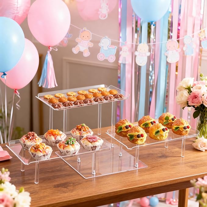 Acrylic Dessert Table Display Set, Clear Cupcake Stand, 3 Tiered Serving Trays and Platters, Buffet Riser and Stand Appetizer Sandwiches Cookie Display Stand Finger Food Display Trays for Party Bases Para Postres