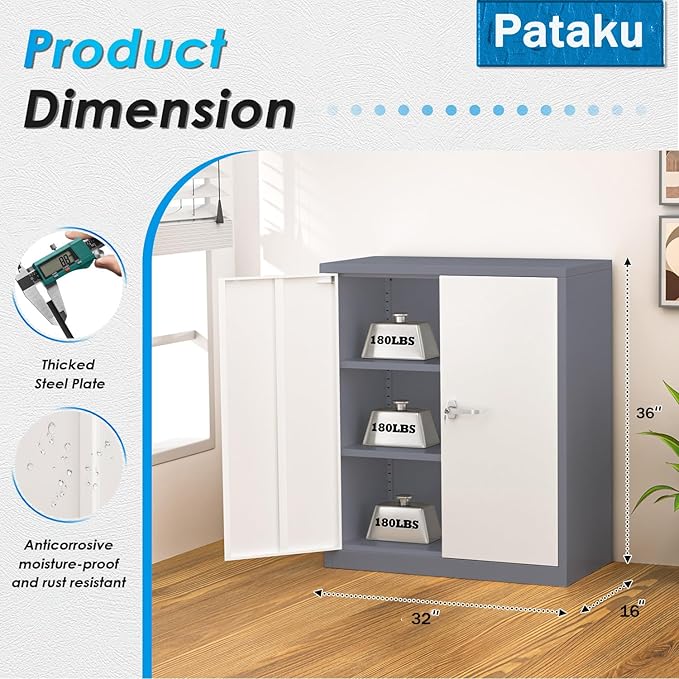 Pataku Metal Storage Cabinet, Garage Cabinet with Doors and Shelves 36" Hx32 Wx16 D, Steel Lockable File Cabinets for Office, Home, Garage, Basement, Industrial, White Grey
