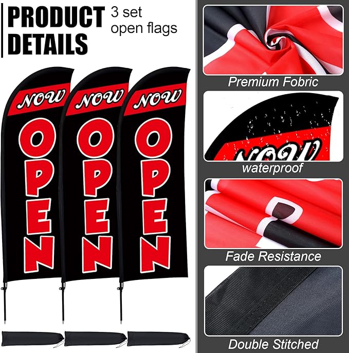 Buryeah 3 Sets Now Open Feather Flag Pole Kit for Business Advertising 7 ft Open Flag Banner Sign with Pole Kit Ground Stake and Portable Bag for Outside Ground (Black)