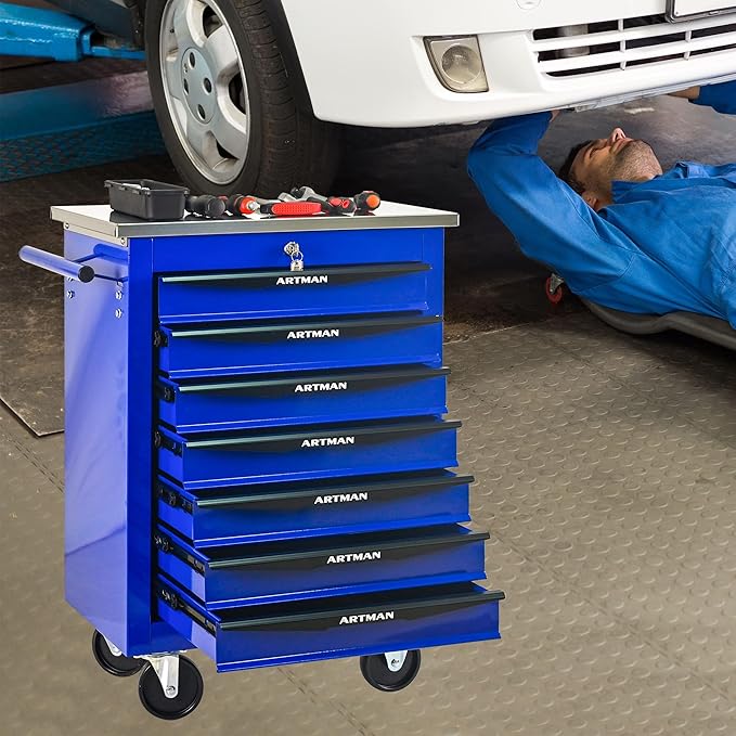 7 Drawers Tool Cart on Wheels with Stainless Steel Worktop, Heavy Duty Mobile Rolling Drawer Tool Chest with Locking Wheels & Lockable Drawers, Garage Tool Storage Cabinet (Blue, 7 Drawers)