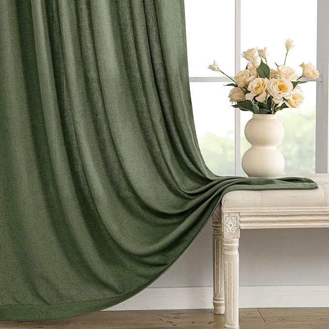 MIULEE Non-See-Through Privacy Linen Curtains 2 Panels, Olive Green Light Filtering Window Curtains Farmhouse Textured Back Tab Semi Sheer Drapes for Bedroom Living Room 72 Inches Long Dark Green