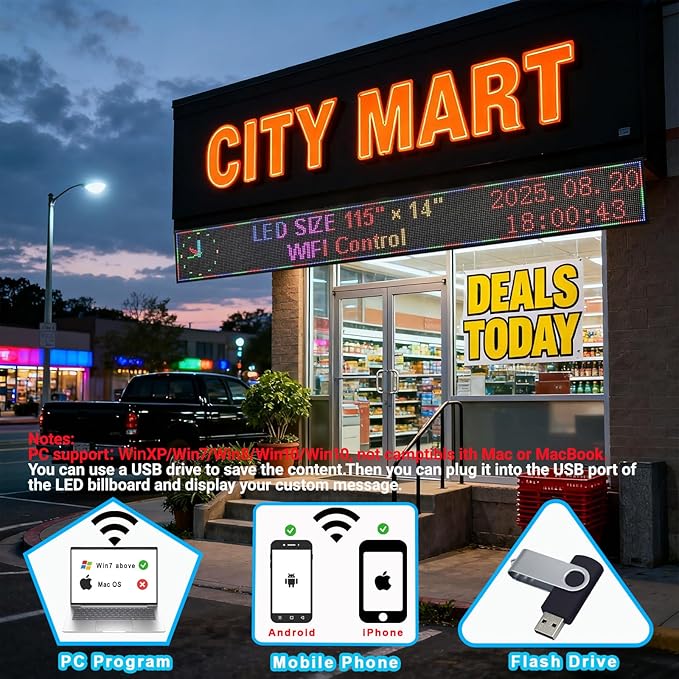 P10 Scrolling LED Sign Programmable Display Digital Bright Open Led Sign Waterproof Outdoor LED Signs Digital Message Board Business Advertising Display Wifi Control Custom 115"X14"