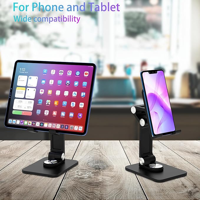 360 Rotating Cell Phone Stand,Folding Phone Stand,Adjustable Height and Angle Foldable Cell Phone Stand Holder for Desk, Taller iPhone Stand Compatible with iPad Smartphones Tablet (Black)