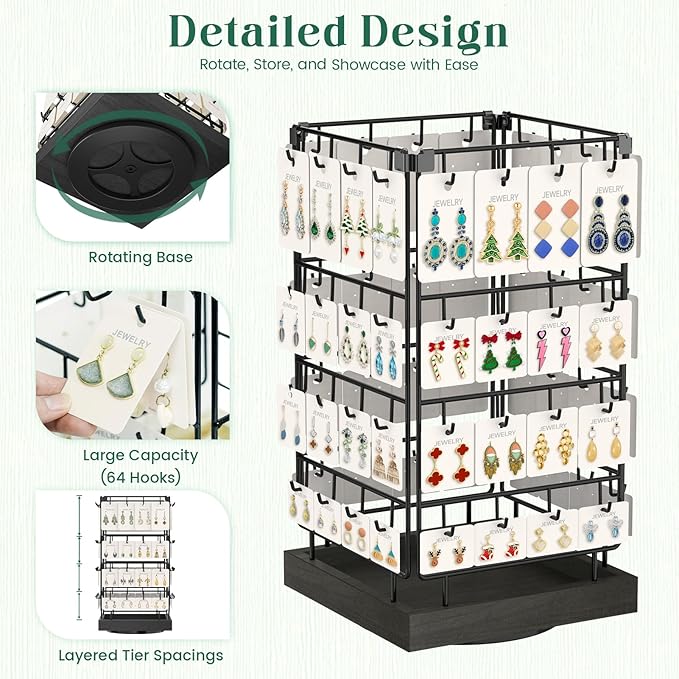EsLuker.ly Rotating Earring Display Holder Stand for Vendors Events Selling, Large Capacity 64 Hooks Jewelry Rack with Wooden Base for Earring Card Sales, Enhances Retail Visibility