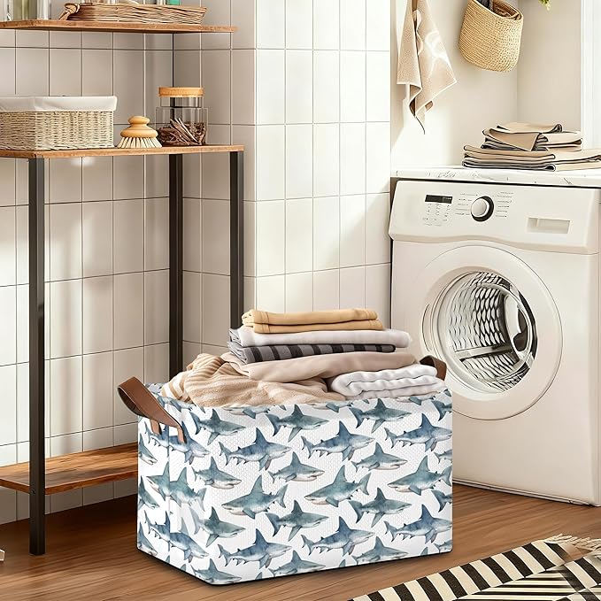 Sharks Storage Bin with Handles, Basket Storage Organizer for Shelves, Closet, Nursery, Book, Laundry Hamper & Home Decor