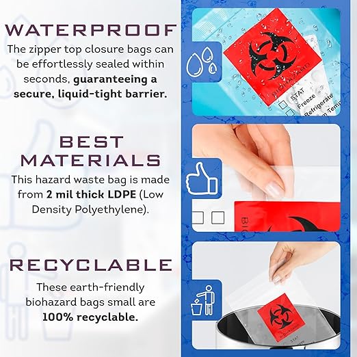 APQ Biohazard Specimen Bags 8 x 10 Inches. Pack of 100 Clear and Red Specimen Biohazard Bag. 3 Wall Waterproof Biohazard Specimen Bag. 2 Mil Thick Durable Biohazard Specimen Transport Bag with Zipper