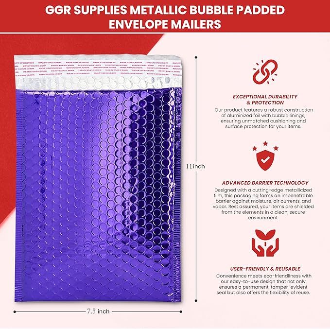 GGR Supplies Metallic Bubble Padded Envelope Mailers, 7.5 X 11 Inches, Waterproof Ultra Resistant Ideal For Packing, Shipping, and Storing. Pack of 25 (Gold)