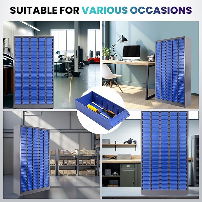 100 Drawers Nut and Bolt Organizer, 46" H x 26" D x 9" W Bolt and Nut Tool Storage Cabinet with Acrylic Adjustable Shelves & Label Stickers, Alloy Steel Parts Cabinet for Workshop Garage Organizer
