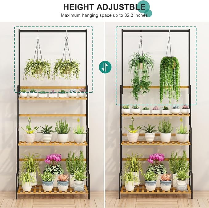 Ufine Bamboo Hanging Plant Stand 3 Tier Ladder Shelf with Hanging Rod Height Adjustable Flower Pot Display Organizer for Balcony Porch Living Room