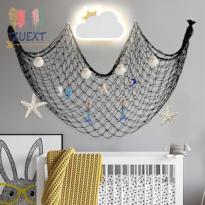 ZUEXT Decorative Fishing Net 80x40 Inch, Large Black Picture Fish Net, Wall Photo Hanging Fishnet for Nautical Mermaid Pirate Ocean Themed Hawaii Beach Under The Sea Party Decorations