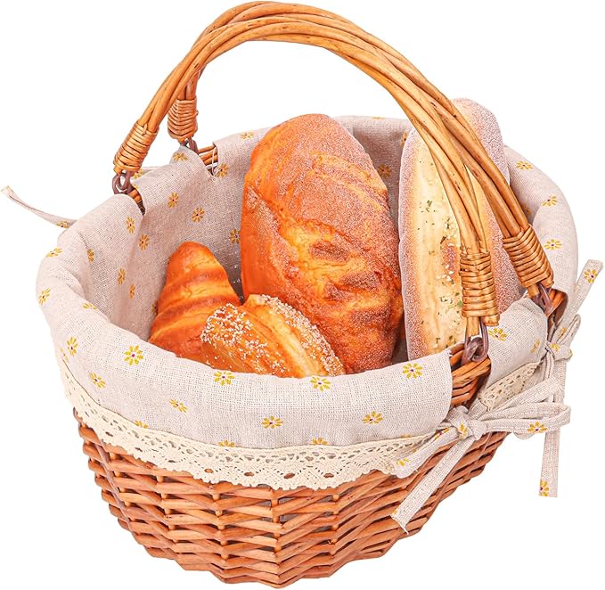 Wicker Picnic Basket with Double Folding Handles - 13.91 x 11.42 x 6.7 Inch Hand Woven Easter Basket, Natural Willow Picnic Basket with Handle, Woven Picnic Hamper for Outdoor Camping