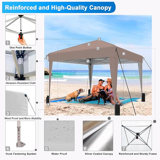 SANWAY 10x10 Pop up Canopy Tent, One-Button, Outdoor Instant Canopy Protable for Events, Camping, Parties, Vendor, Beach Tent - Beige