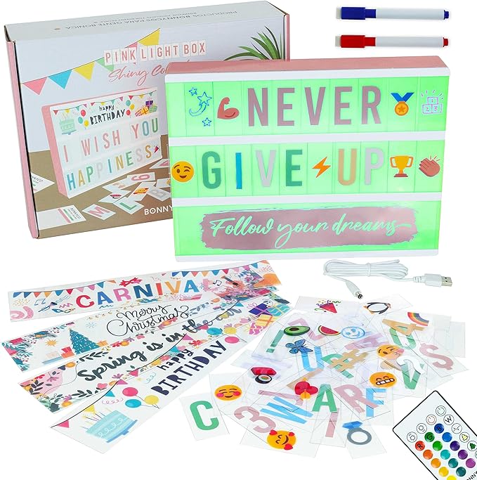 BONNYCO Cinema Light Box A4 Rose Gold 16 Colors with 400 Letters and Emojis, 10 Premium Cards, Remote Control and 2 Markers. Led Light Up Sign, Novelty Gifts for Women. Gifts for Girls Christmas