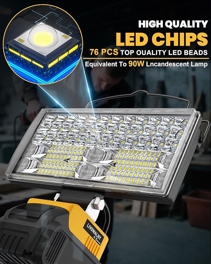 LIVOWALNY LED Work Light Compatible with Dewalt, 100W 10000LM 7" Flood Battery Light, Cordless LED Flashlights with USB & Type-C & Low Voltage Protection & 140° Pivoting Head for Emergency & Job Site
