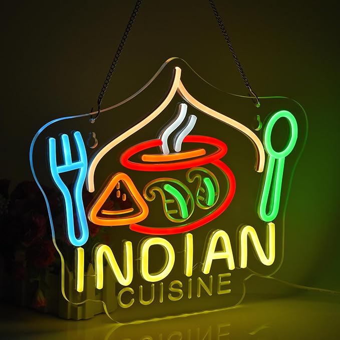 Indian Cuisine Neon Sign, Indian Food Neon Lights Hanging Wall Art Decoration for Indian Restaurant Fast Food Shop/Truck, Bar, Pub, USB Powered Ultra Bright Dimmable, 14.96×12.6 inches