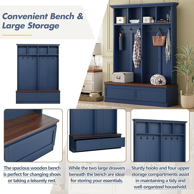 Merax Wood Hall Tree with 6 Hooks & Entryway Bench, Farmhouse Mudroom Versatile Coat Racks with 2 Large Drawers, Entrance Organizer for Hallway, Blue