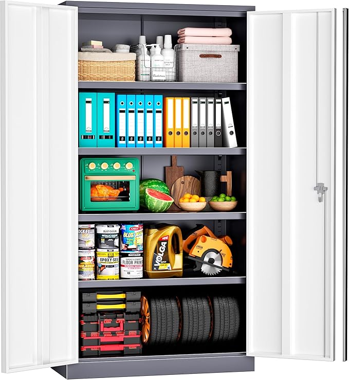 INTERGREAT Metal Garage Storage Cabinet with Lock, 72" Storage Cabinet with Locking Doors and 4 Adjustable Shelves, Lockable Steel Tool Cabinet for Home Office, School, Double Grey