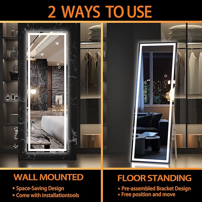 Hasipu Full Length Mirror with Lights, 65" x 21.7" LED Floor Mirror, Full Body Dressing Standing, Hanging Mounted Mirror for Living Room Bedroom Cloakroom, Square White