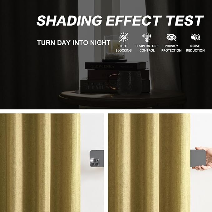 DUALIFE Mustard Yellow Pinch Pleated Blackout Curtains 102 Inches Long, Back Tab with Hooks, Linen Full Black Out Thermal Insulated Track Curtain for Bedroom Living Room,40 W x 102 L, 2 Panels