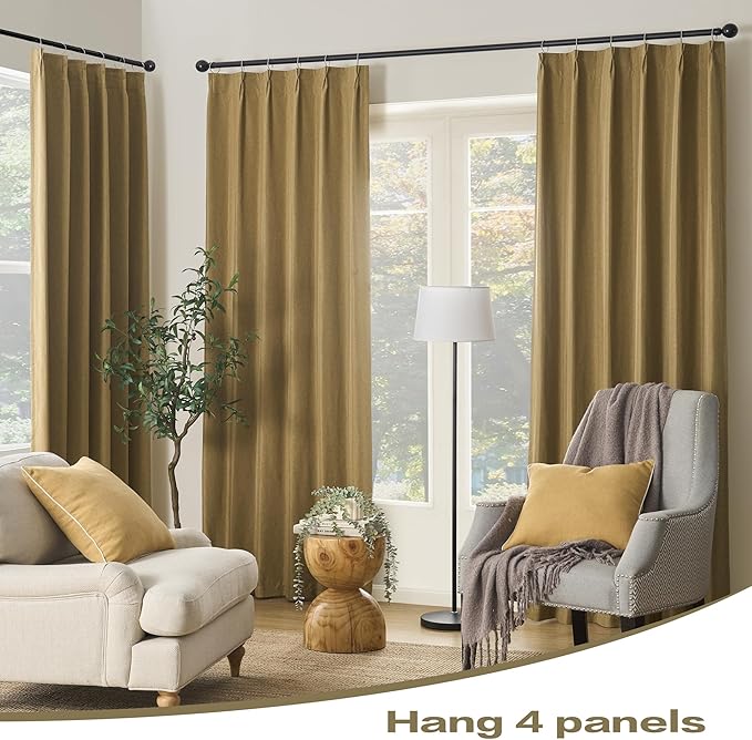 DUALIFE Gold Tan Pinch Pleated Blackout Curtains 92 Inches Long, Back Tab with Hooks, Linen Full Black Out Thermal Insulated Track Curtain for Bedroom Living Room,50 W x 92 L, 2 Panels