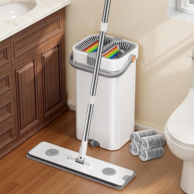 CTIME Large Mop and Bucket with Wringer Set, 7-Layer Scrapers, Flat Mop and Bucket System, Wall Mop with Adjustable Handle, 4 Washable 15.74" Microfiber Pads