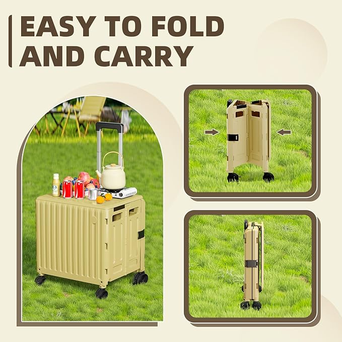 Folding Utility Cart with Wheels: Collapsible Rolling Carte for Teachers Handcart Shopping Trolley Portable Tool Box, All-Terrain Office Cart with Lid Basket Handle & Durable Frame