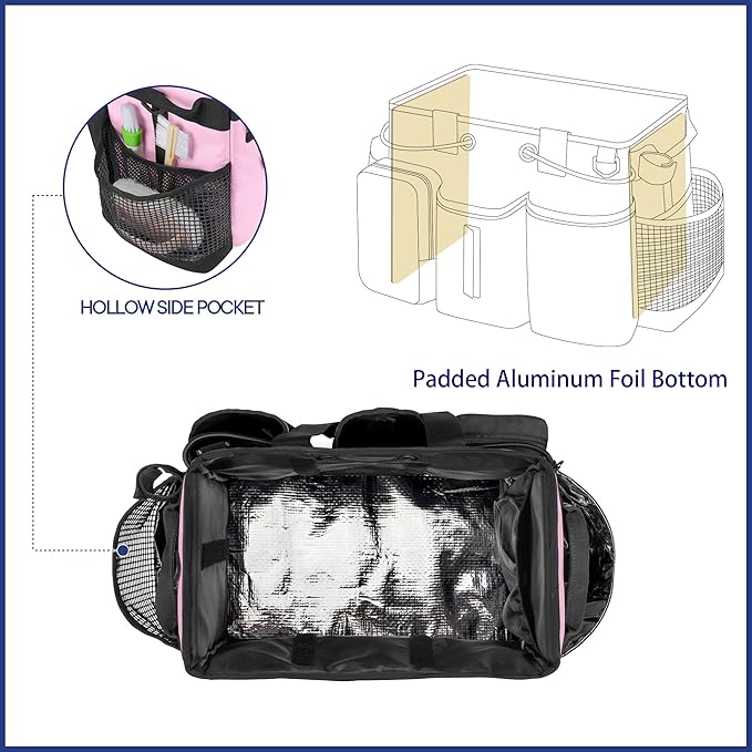 LoDrid Large Professional Cleaning Caddy with Detachable Divider, Supply Organizer with Handle and Shoulder Strap, Cleaning Bags for Housekeepers & Cleaners, Pink