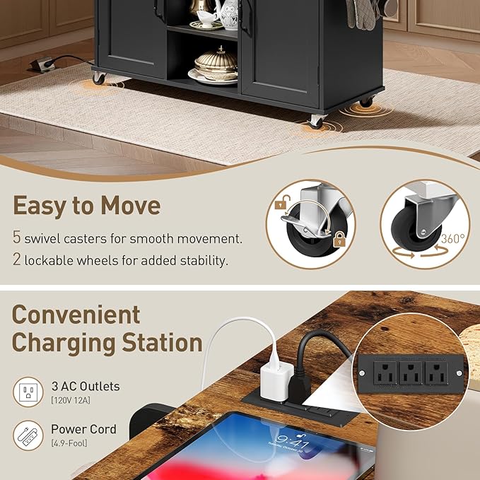 Kitchen Island with Power Outlets & Drop Leaf, Kitchen Cart with Storage, Drawer and Spice Rack, Tower Rack, Island Table, Black and Rustic Brown